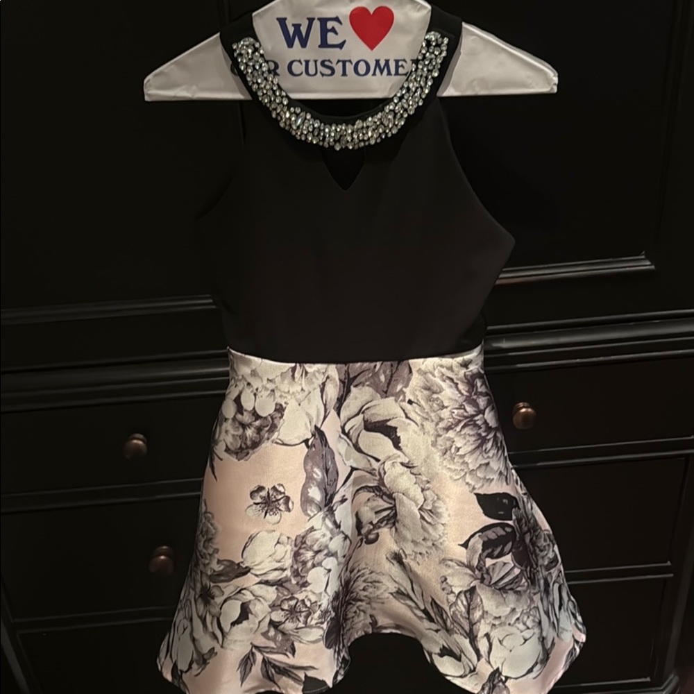 Elegant Black and Floral Dress with Beaded Neckline